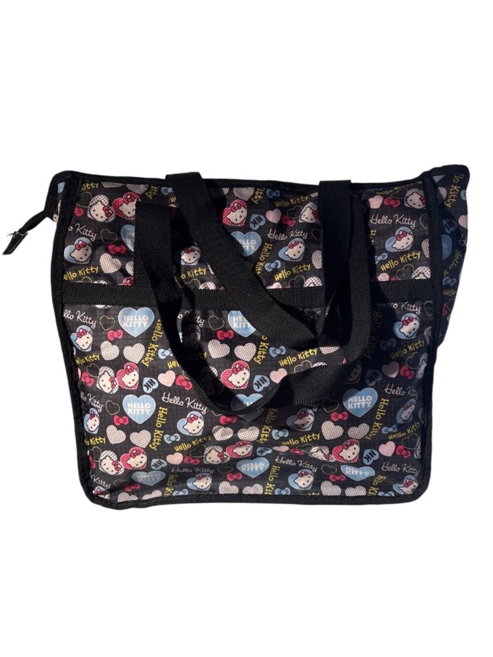 Hello Kitty Tote Bag Zipper Closure & Handles Black Colorful Hearts Faces 15x12"